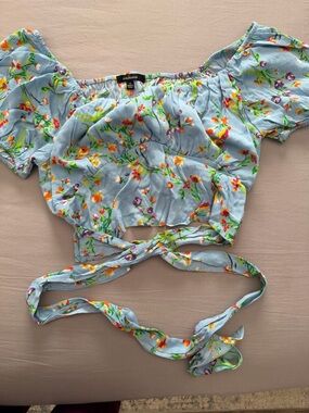 Ambiance Light Blue Off The Shoulder Floral Tie-Front Crop Top